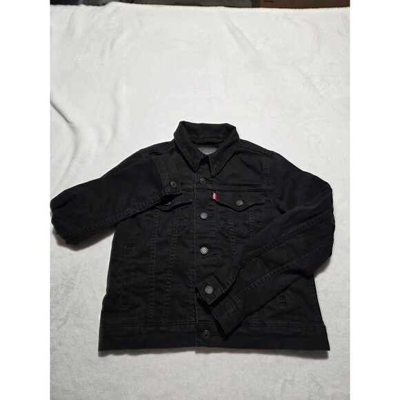 Levis Strauss Denim Jacket Womens Small Petite Black Trucker Button Up Classic - Picture 1 of 9